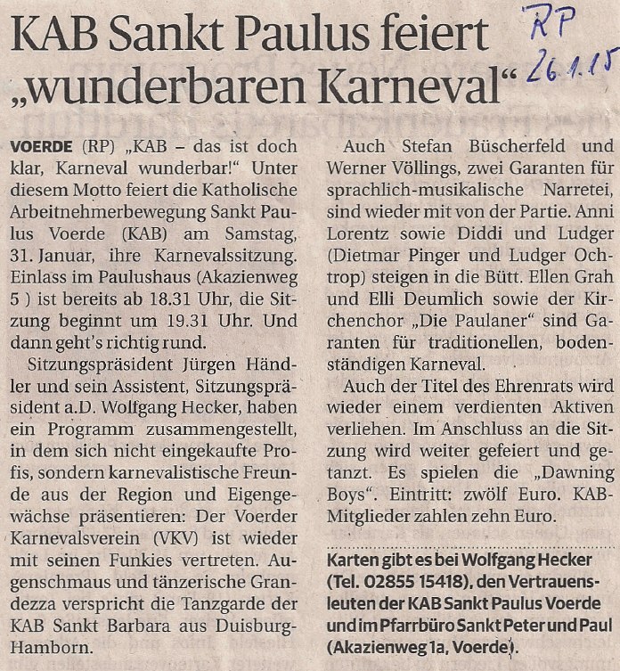 Rheinische Post vom 26.01.2015 -Klicke und Bild erscheint in Farbe und Gr&ouml;&szlig;er